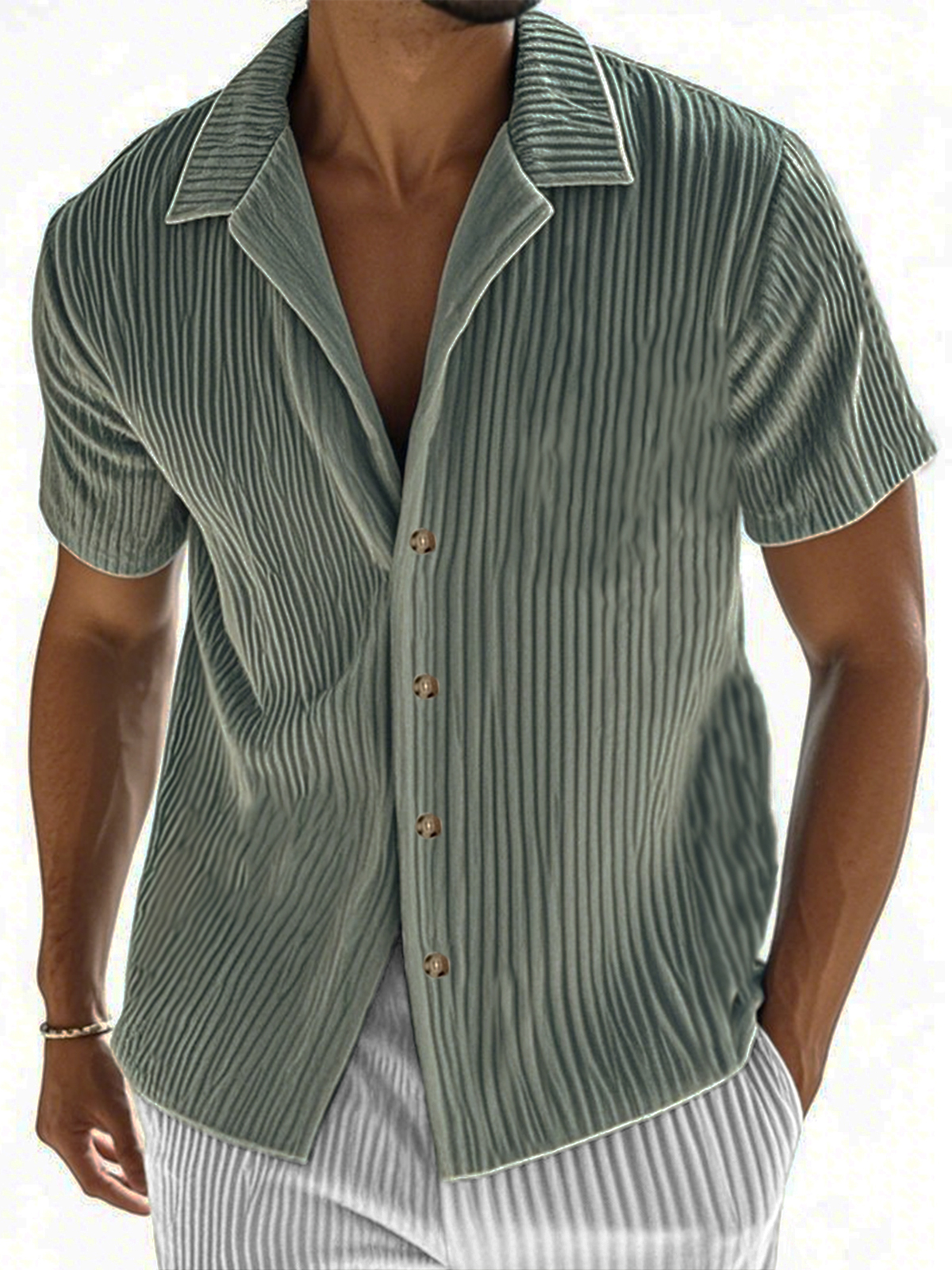 Men's Ribbed Vertical Striped Camp Collar Short-sleeved Lapel Shirt