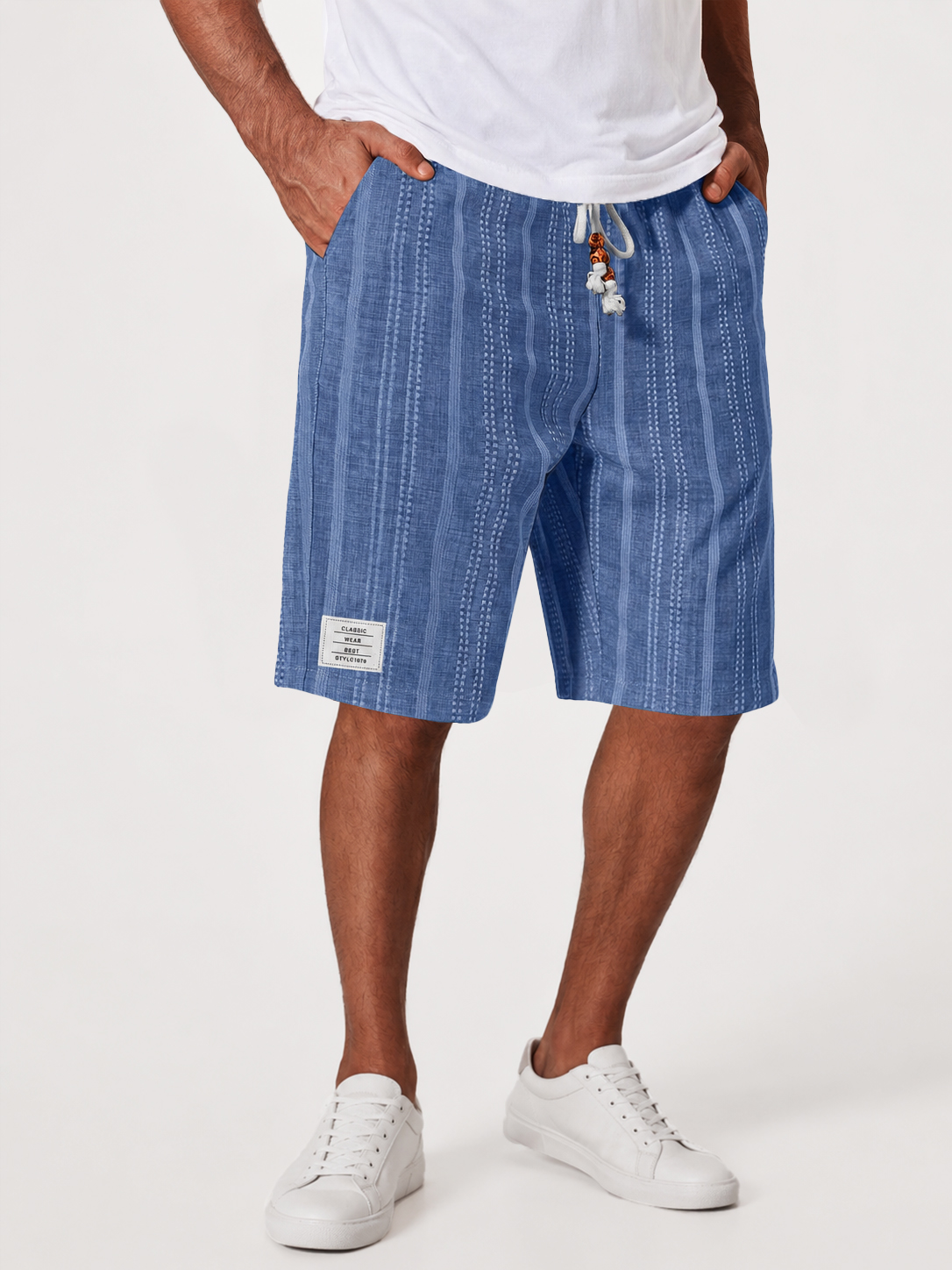 Men's Casual Linen Jacquard Striped Textured Elastic Waist Shorts