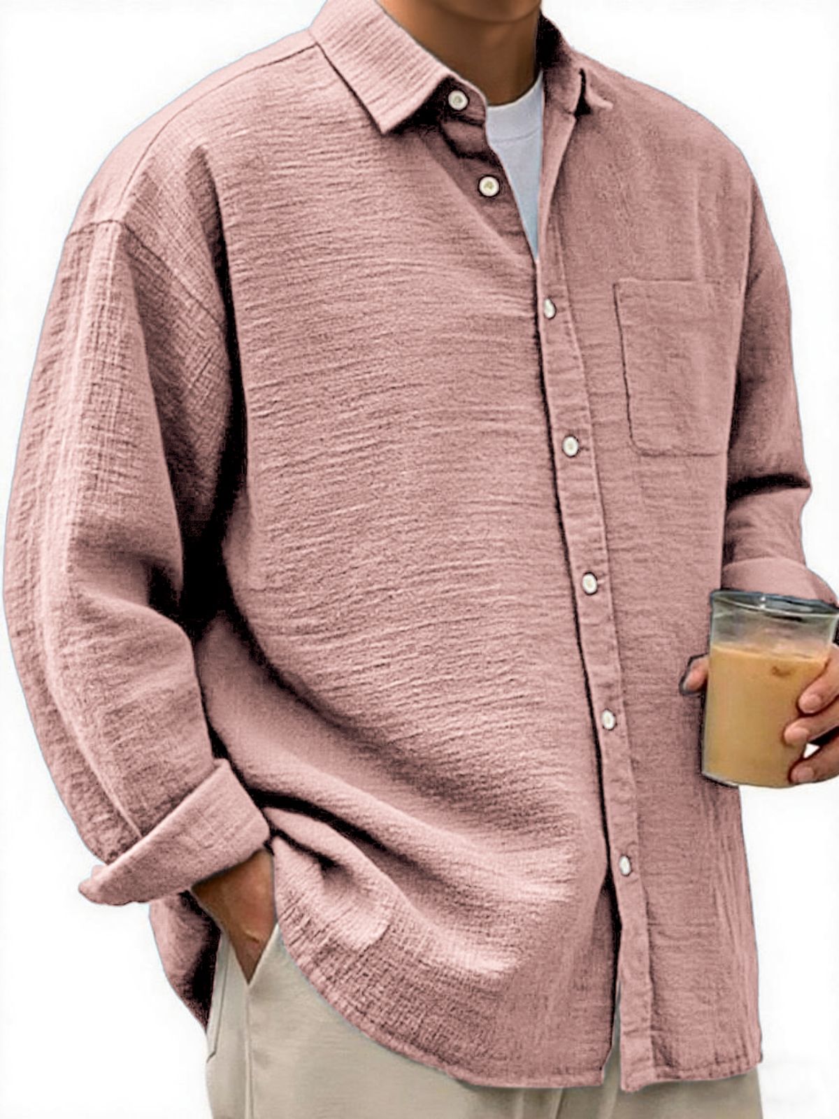 Men's Crinkled Linen Urban Casual Daily Long-sleeve Shirt with Chest Pocket