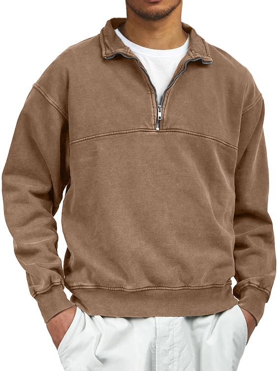 Men's Retro Distressed Quarter Zipper Stand Collar Long-Sleeve Sweatshirt