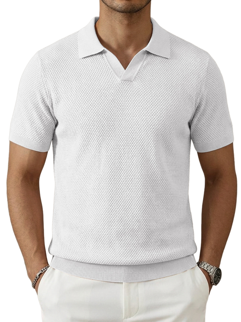 Pineapple-Texture Jacquard V-Neck Polo Shirt with Gull-Wing Collar