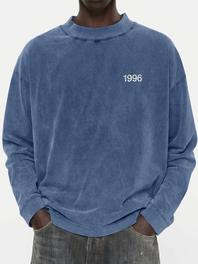 Men's 100% Cotton Vintage Washed and Distressed 1996 Crew Neck Long-Sleeved T-shirt