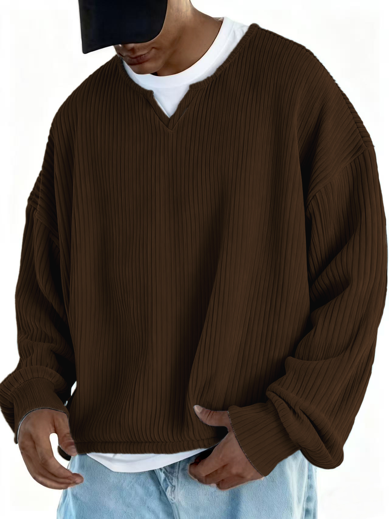 Men's V-neck Notch Collar Ribbed Long-sleeved Pullover
