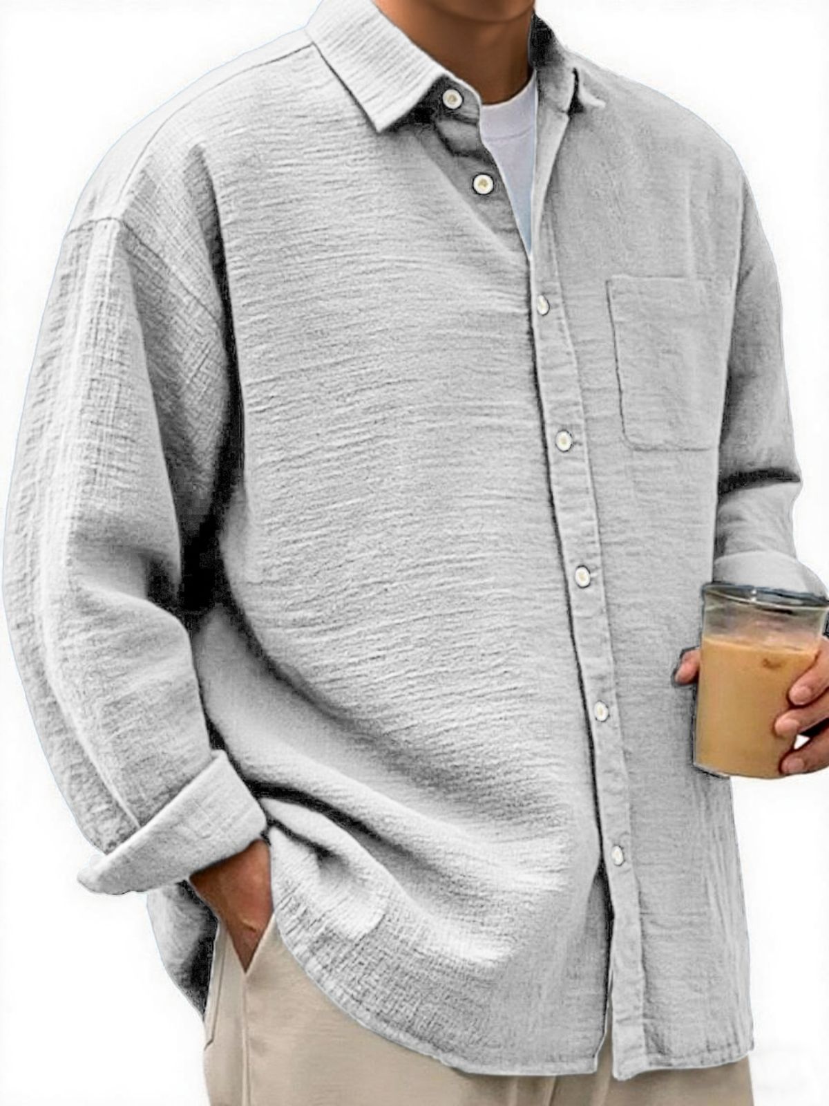 Men's Crinkled Linen Urban Casual Daily Long-sleeve Shirt with Chest Pocket