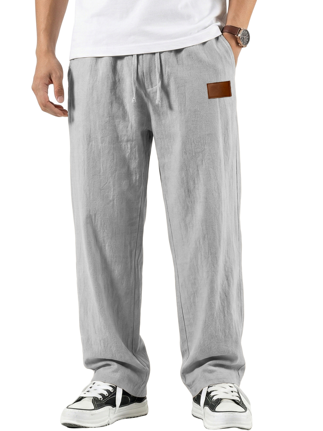 Men's Comfort Cotton-linen Breathable Pants with Embroidered Leather Labels