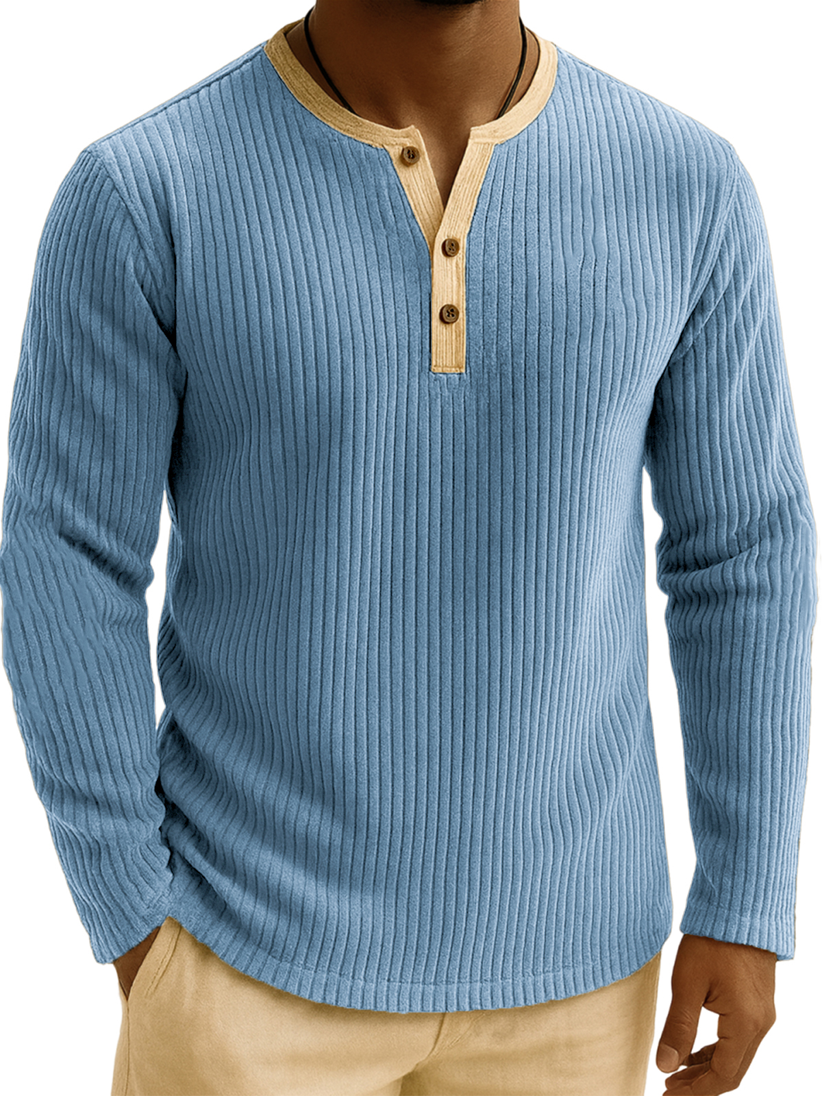 Men's Stylish Corduroy Ribbed Color-Block Henley Shirt
