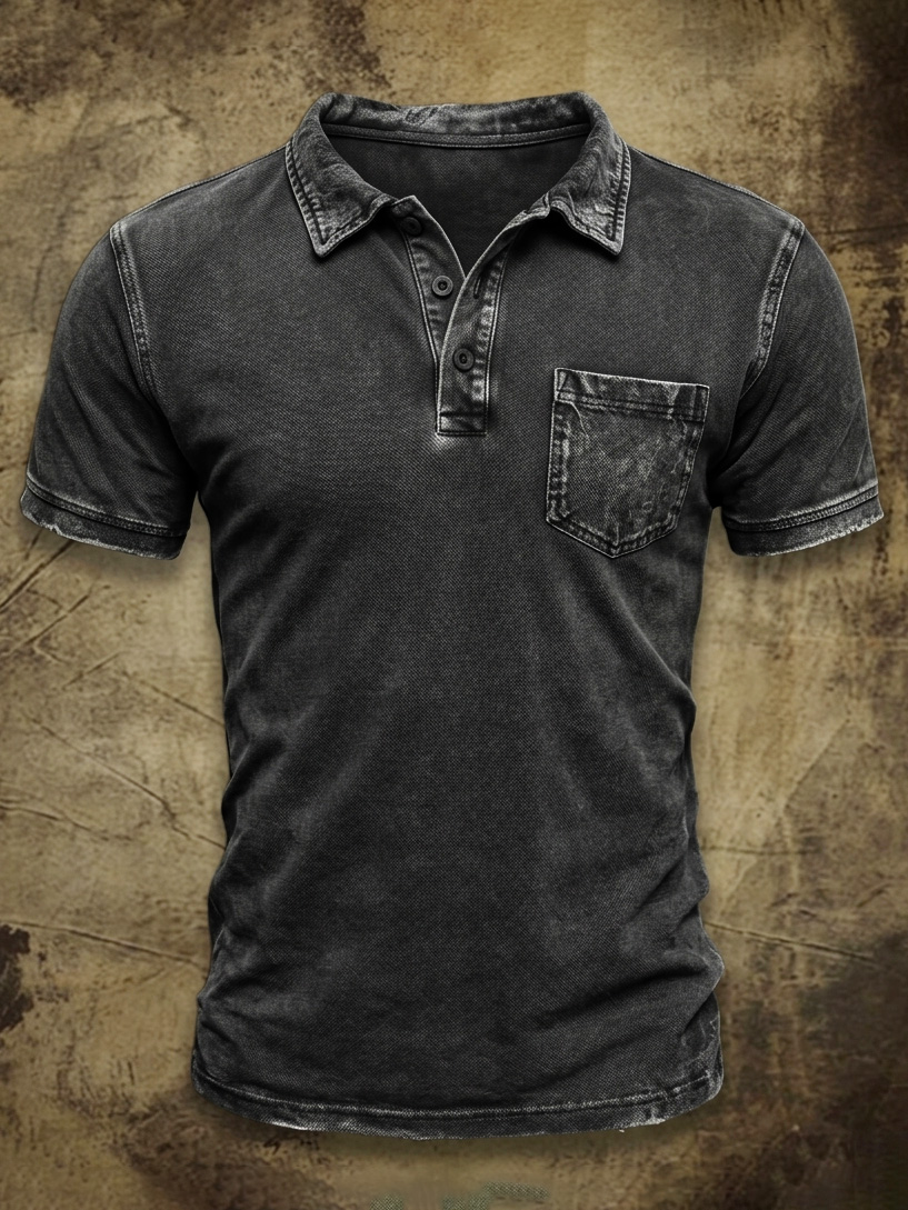 Men's Vintage Washed & Distressed Cotton Pocket Polo Shirt