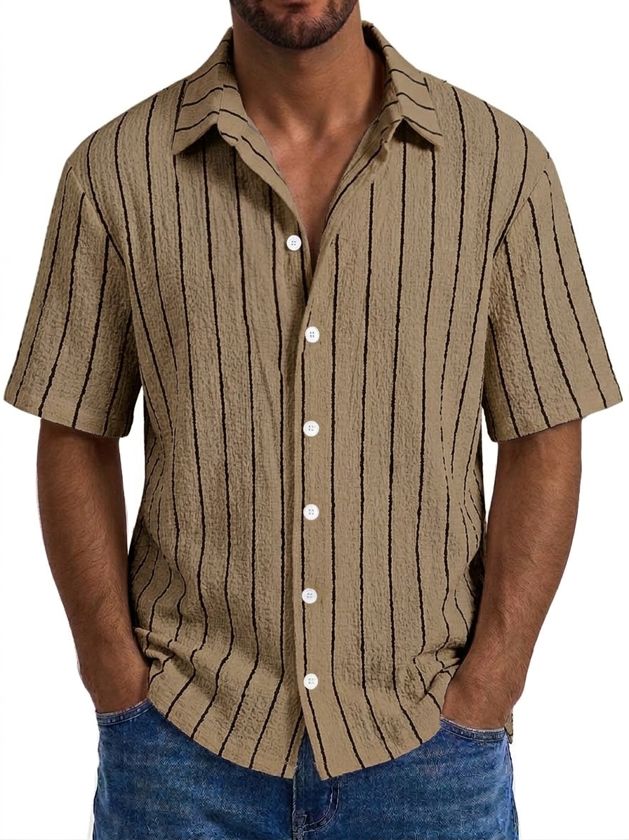 Men's Casual Textured Embroidered Logo Loose Comfort Striped Short Sleeved Shirt