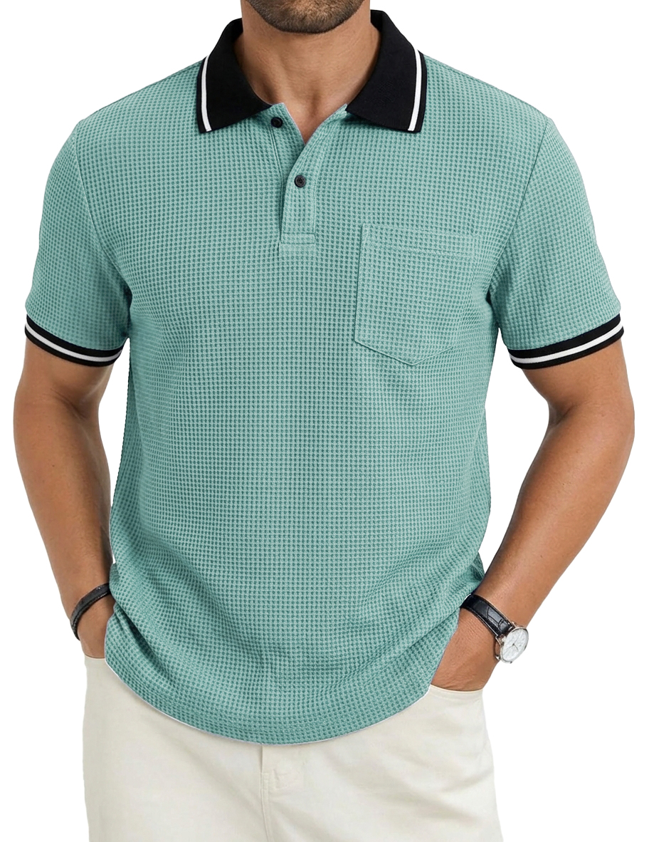 Men's Fashionable Casual Commuter Color-blocked Waffle Fabric Polo Shirt