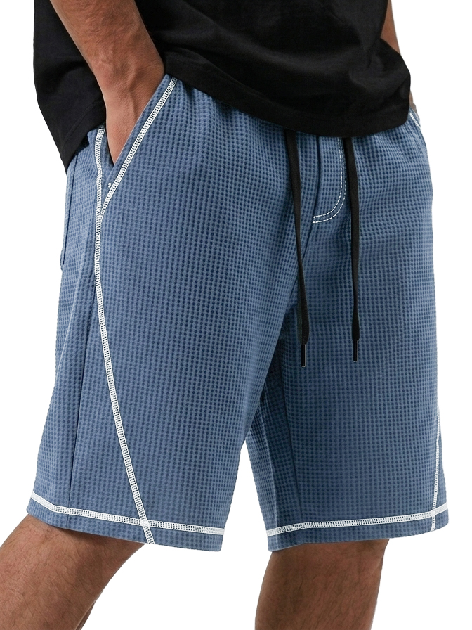 Men's Loose Casual Waffle Deconstructed Multi-Pocket Shorts with Contrast Stitching