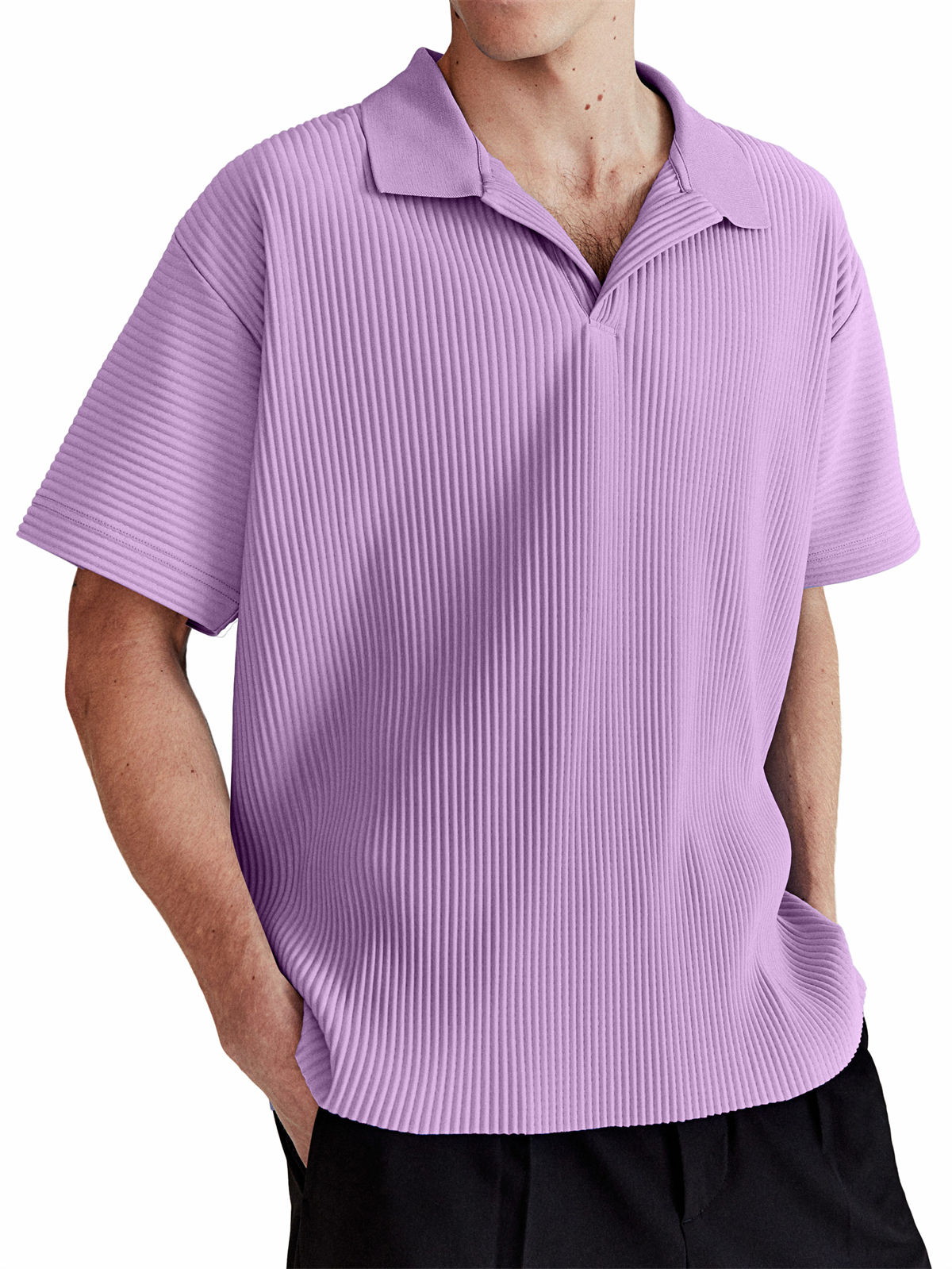 Men's Daily Casual Comfortable Vertical Striped Solid Color V-neck Short-sleeved Polo Shirt