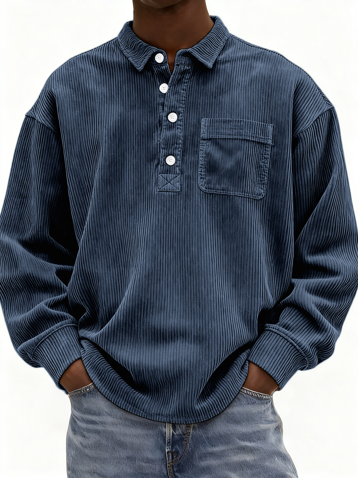 Men's Simple Corduroy Ribbed Button-down Pullover Polo Shirt with Chest Pocket