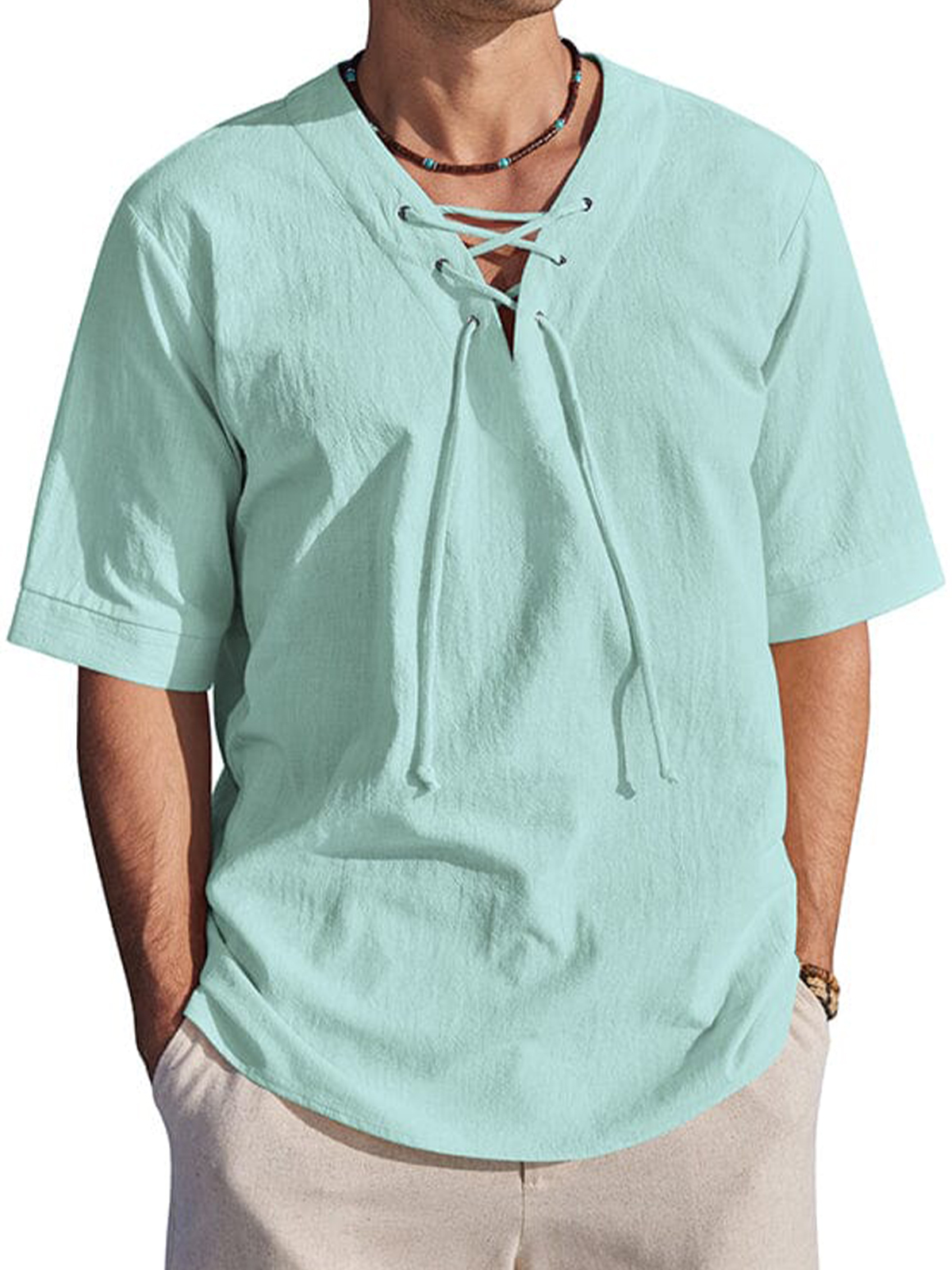Men's Holiday Tie-Drape Hollow Neck Linen Casual Short Sleeve T-Shirt
