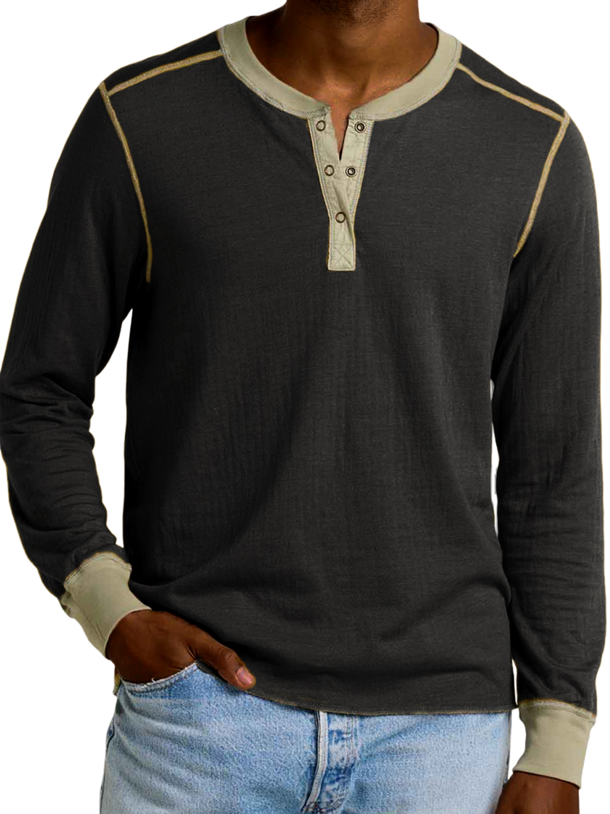 Men's Retro Contrast Long Sleeve Henley