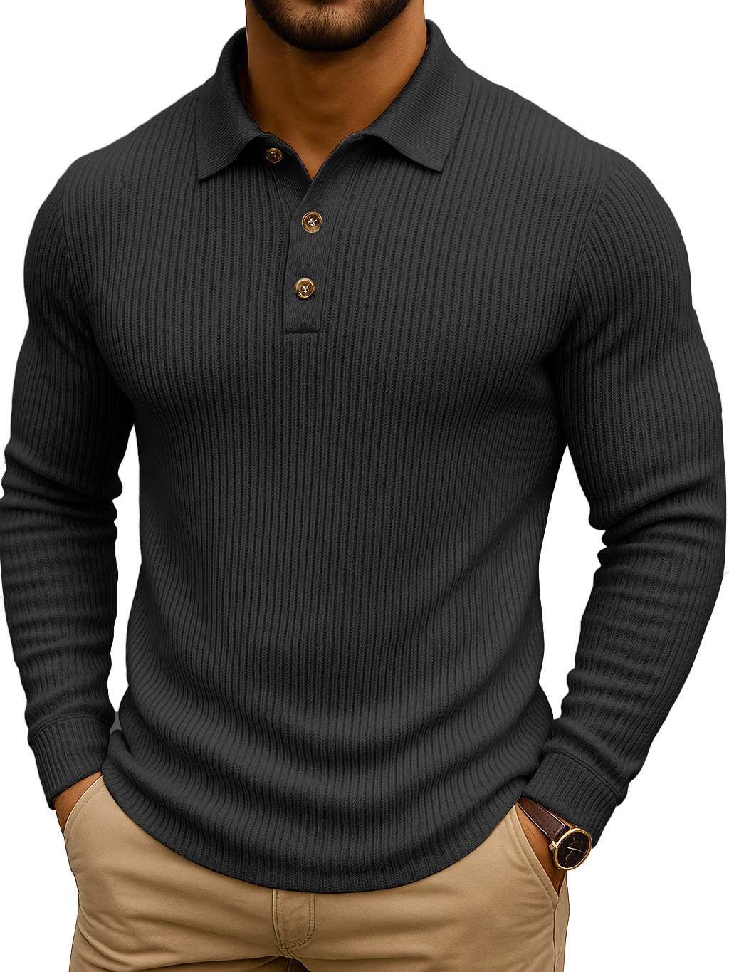 Simple Casual Striped Stretch Long-sleeved Polo Shirt
