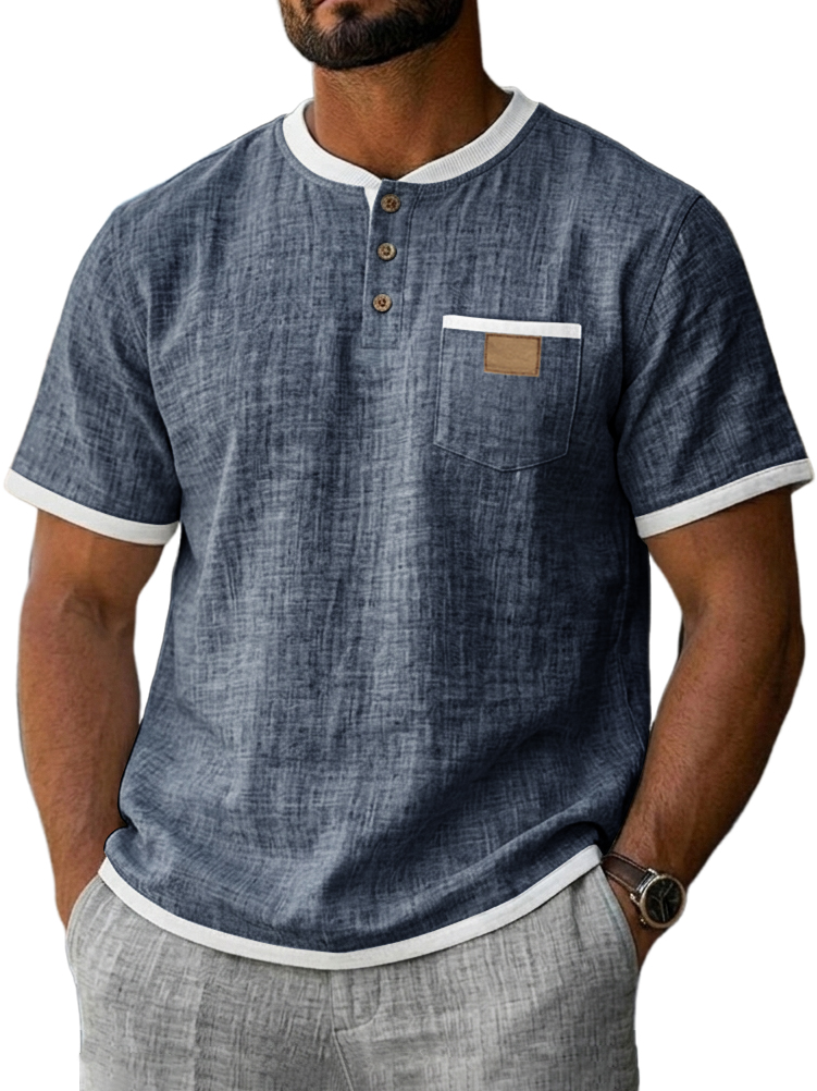 Men's Casual Breathable Linen Embroidered Logo Short-sleeved Henley Shirt