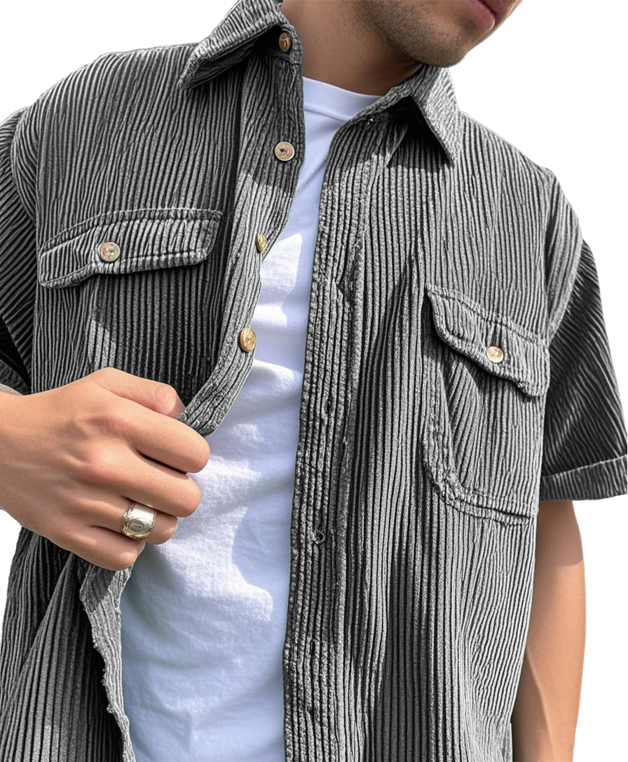 Men's Fashion Double-pocket Retro Corduroy Workwear Casual Short-sleeved Shirt