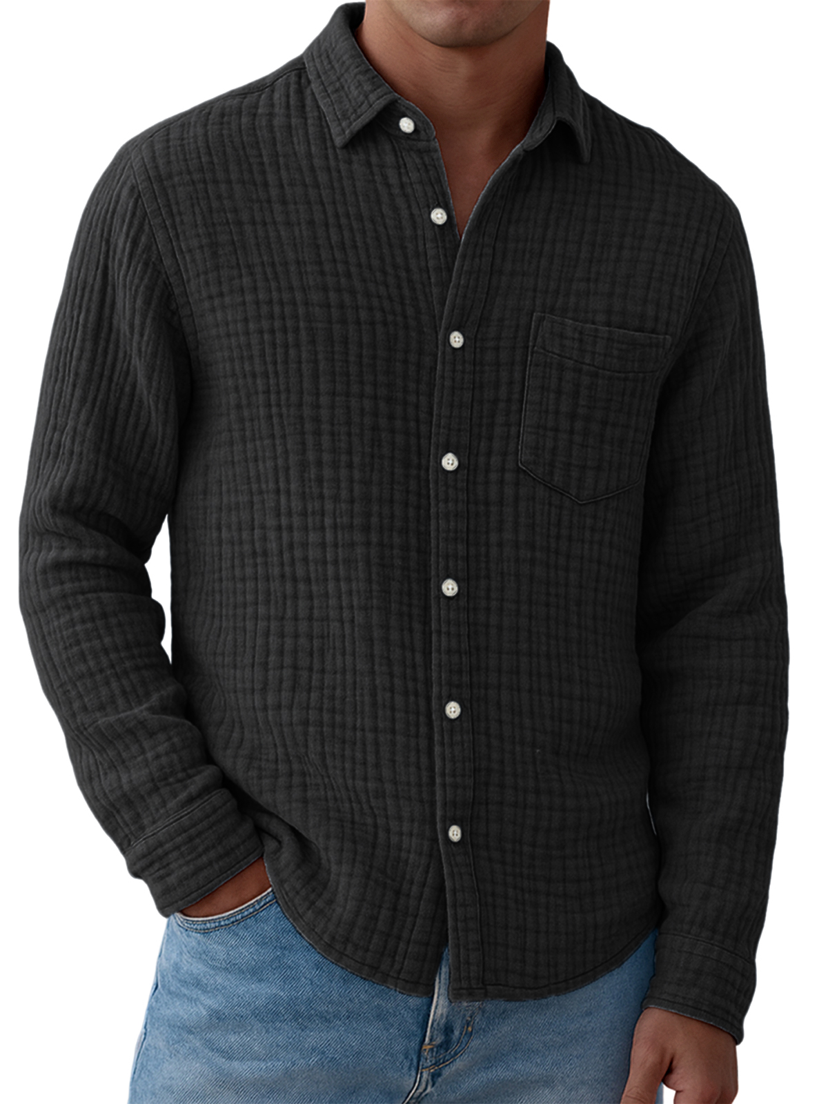 Men's Comfort Gauze Pleated Pocket Cotton Long Sleeve Shirt