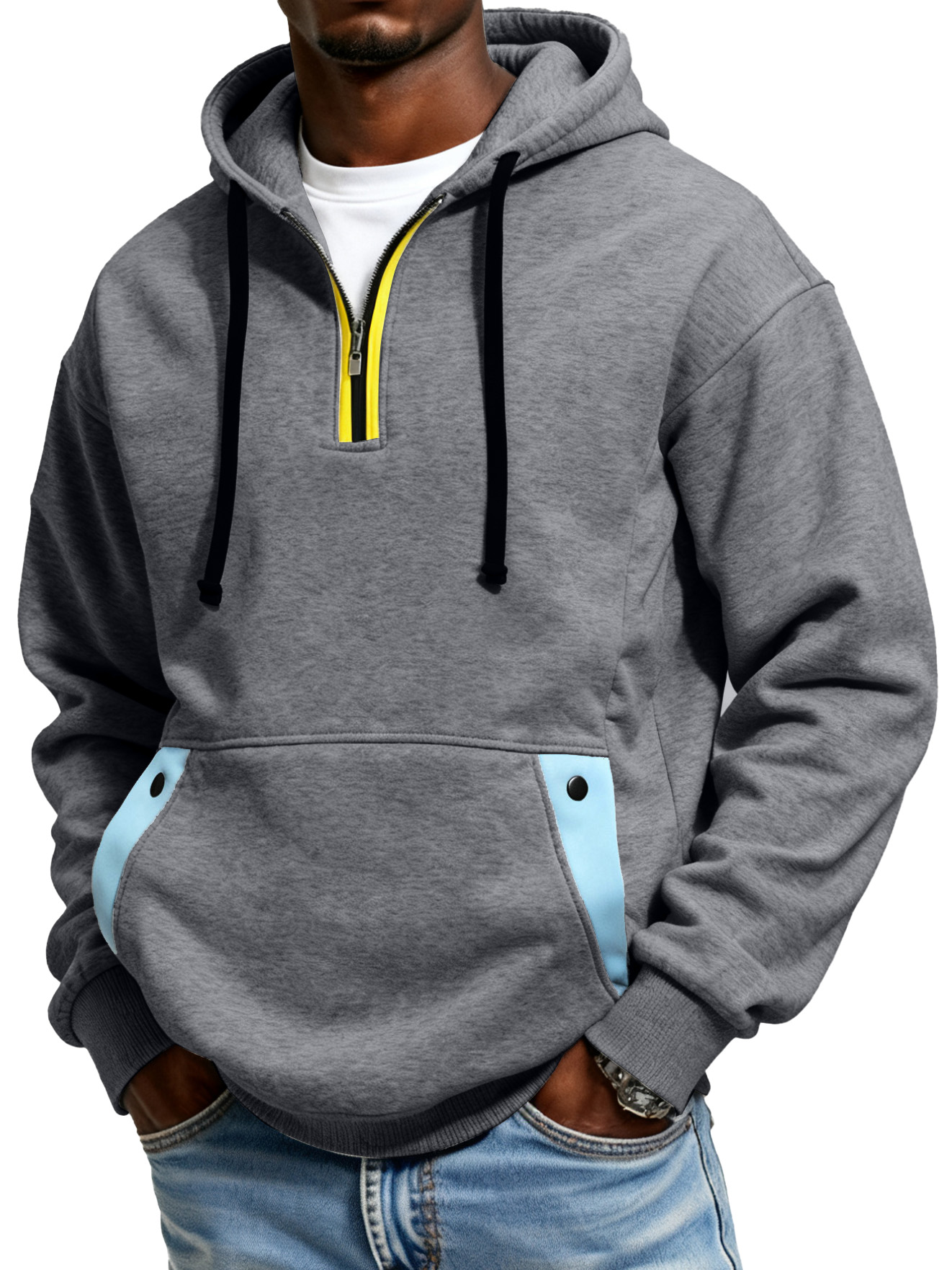Men's Color Blocked Half Zip Hooded Pocket Sweatshirt