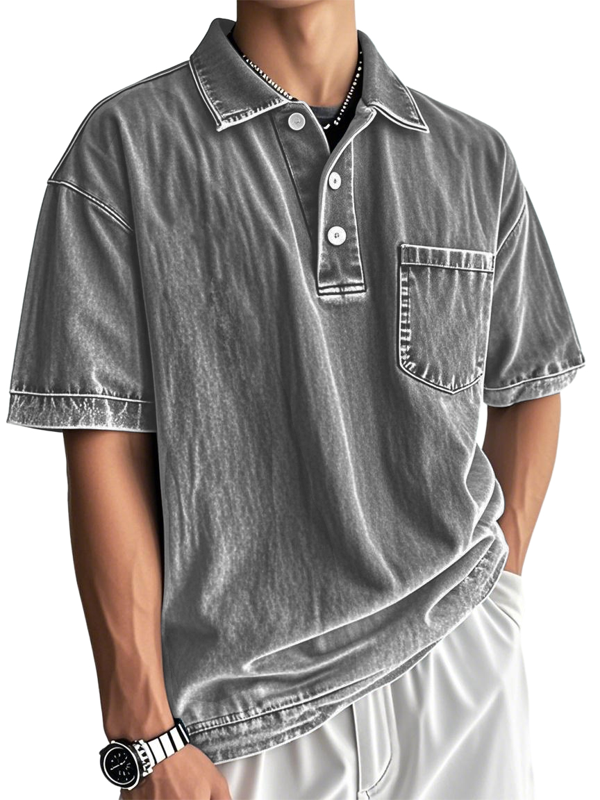 Men's Washed And Distressed Cotton Vintage Casual Polo Shirt