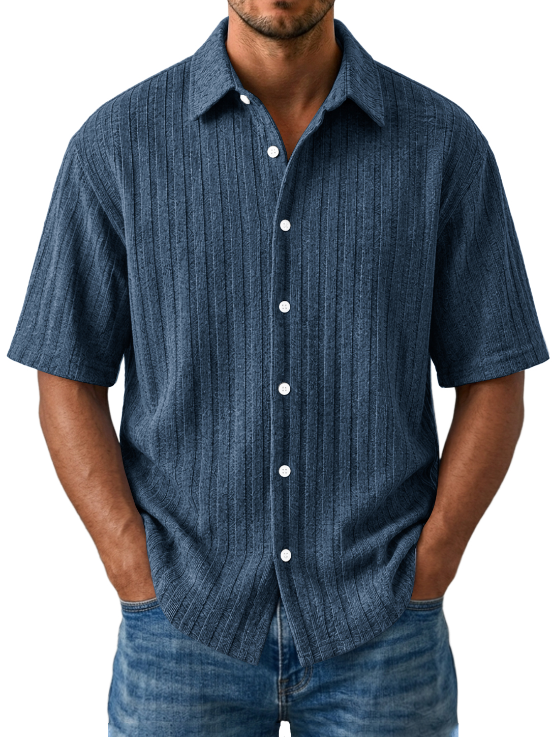 Men's Casual Striped Jacquard Short Sleeve Shirt
