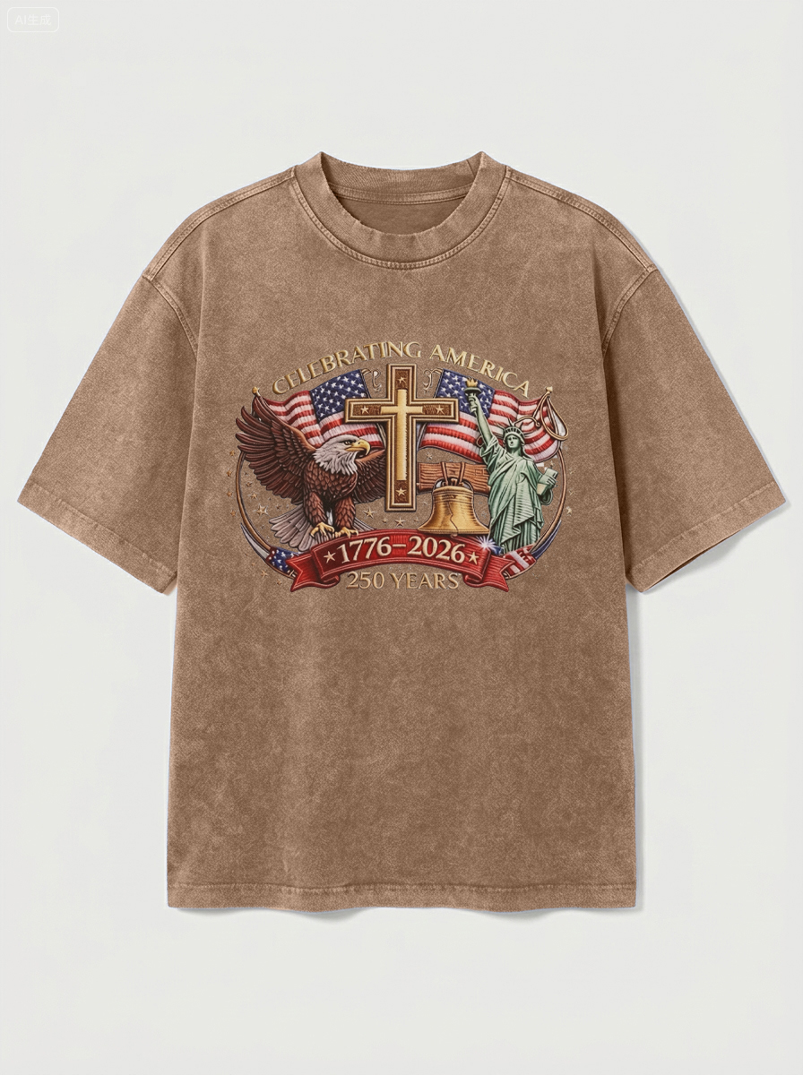 100% Cotton Vintage Washed & Distressed USA 250th Anniversary Crew Neck Short-Sleeve T-Shirt