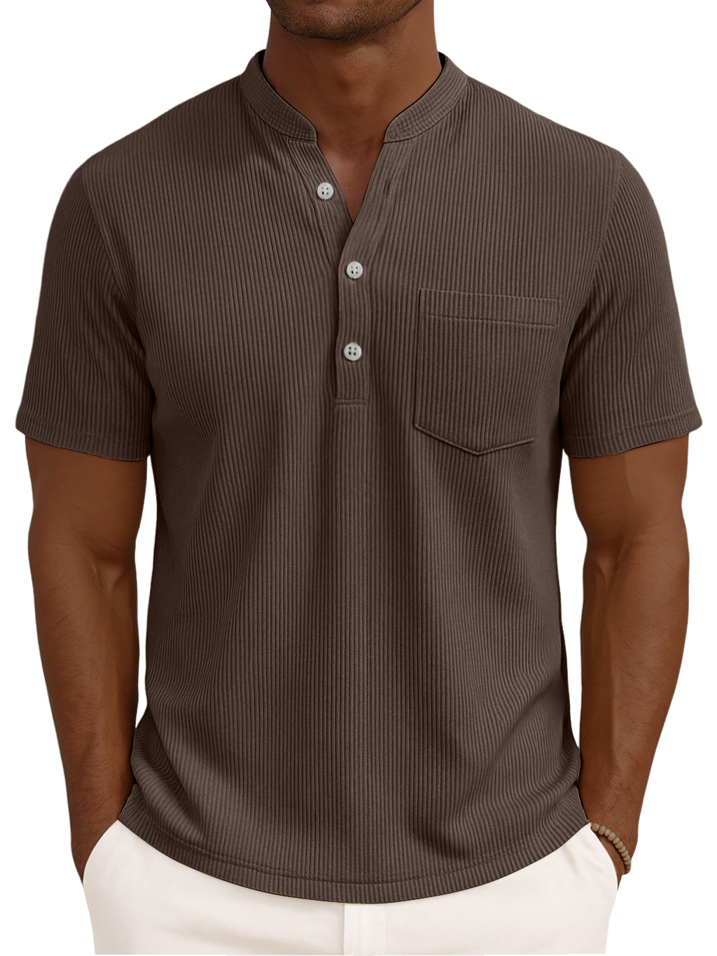 Men's Henley Collar Solid Color Loose And Comfortable Vertical Striped Pocket Short-sleeved Top