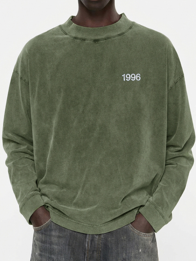 Men's 100% Cotton Vintage Washed and Distressed 1996 Crew Neck Long-Sleeved T-shirt