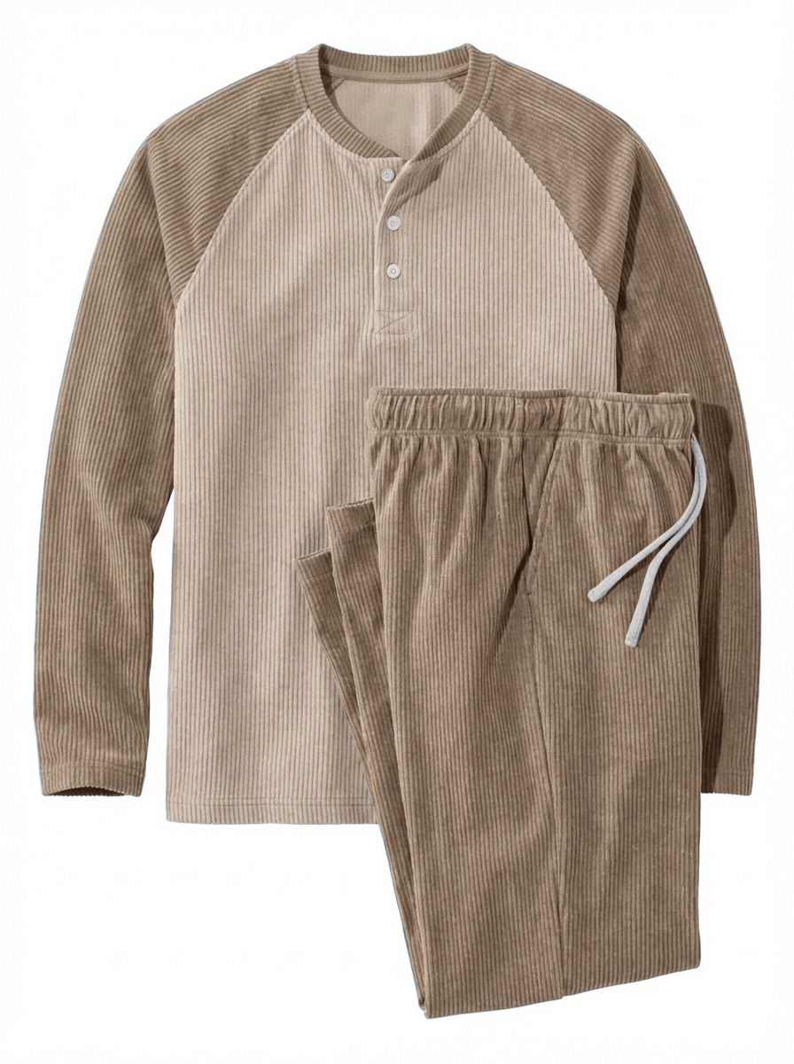 Men's Casual Corduroy Raglan Sleeve Henley Shirt And Pants Set OOTD