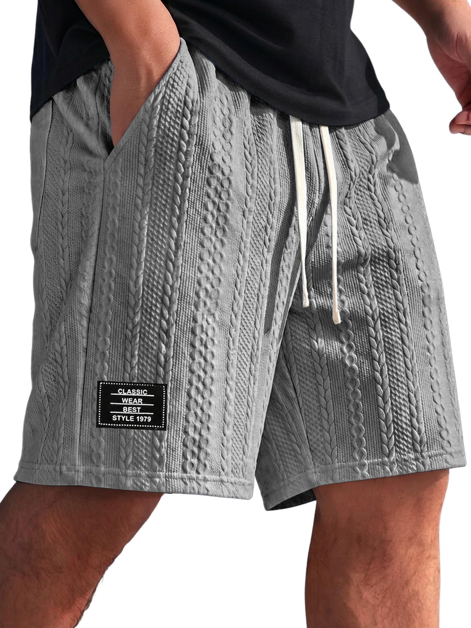 Men's Textured Embroidered Logo Elastic-Waist Casual Shorts