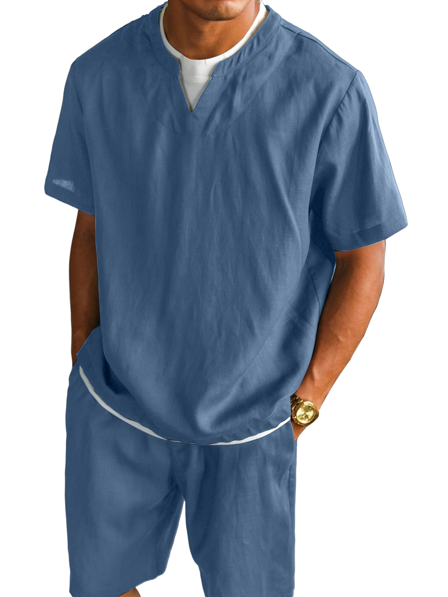 Men's V-neck Color-blocked Faux Two-piece Short-sleeved T-shirt and Shorts Set