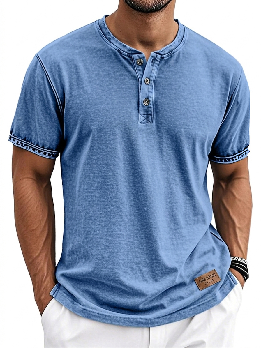 Men's Vintage Washed Retro Casual Short Sleeve Henley Shirt with Leather Logo Patch