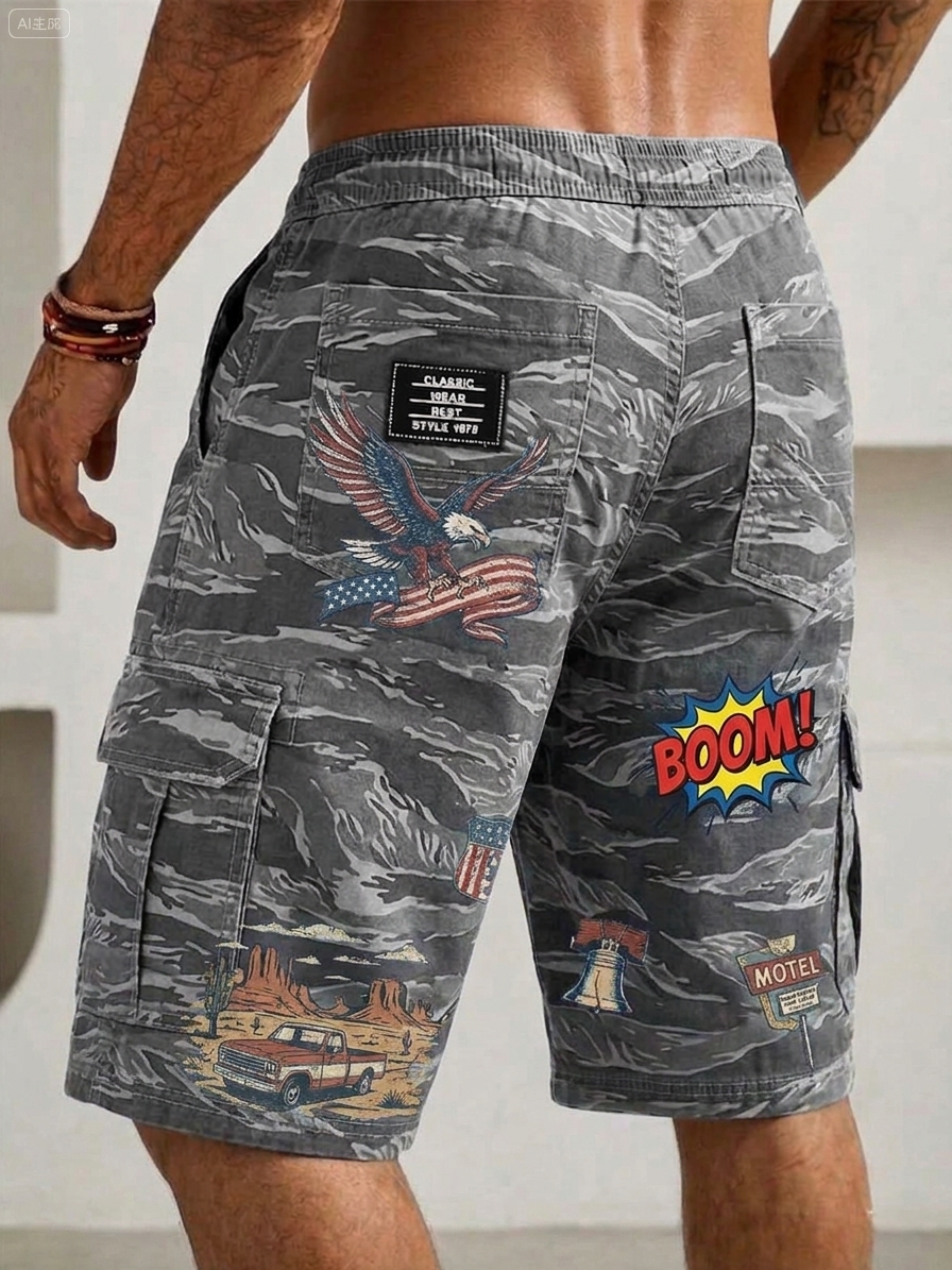 Vintage Camouflage Graffiti Print Cargo Basic Shorts