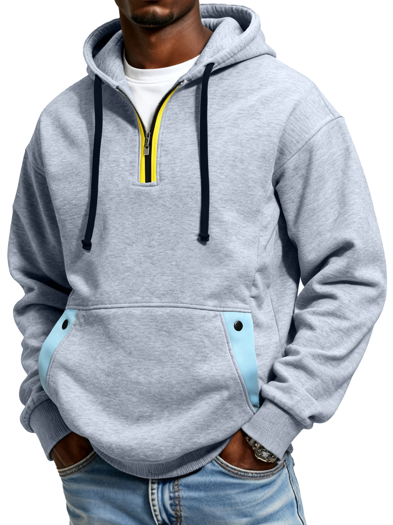 Men's Color Blocked Half Zip Hooded Pocket Sweatshirt