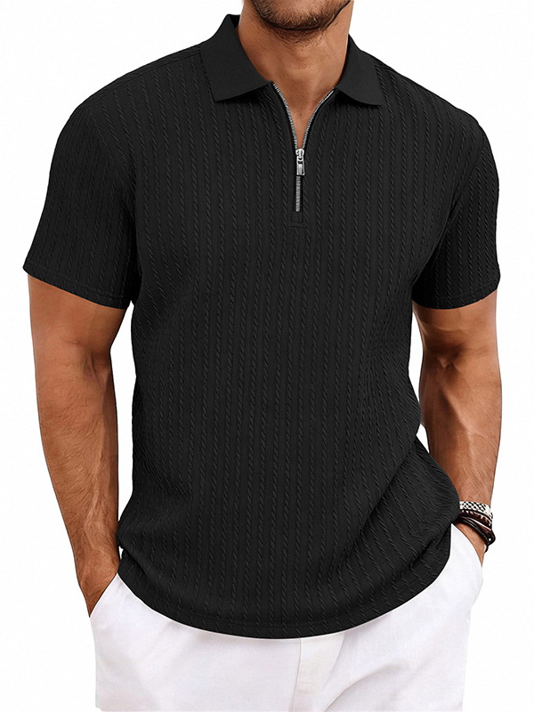 Men's Striped Jacquard Zip Up Short Sleeved  Polo Shirt