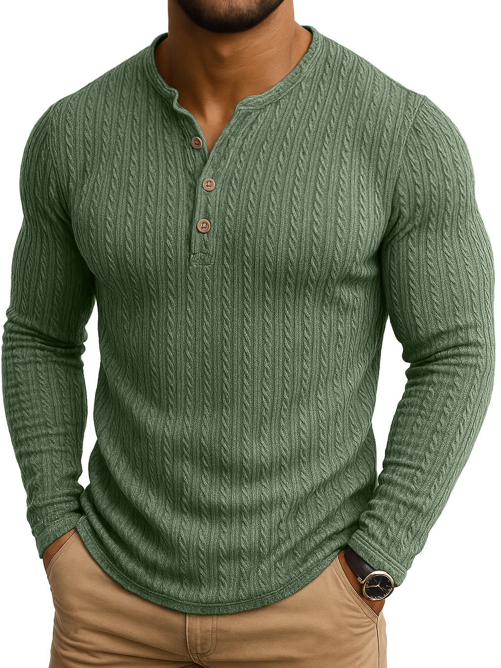 Vintage Striped Jacquard Henley Collar Long-sleeved T-shirt
