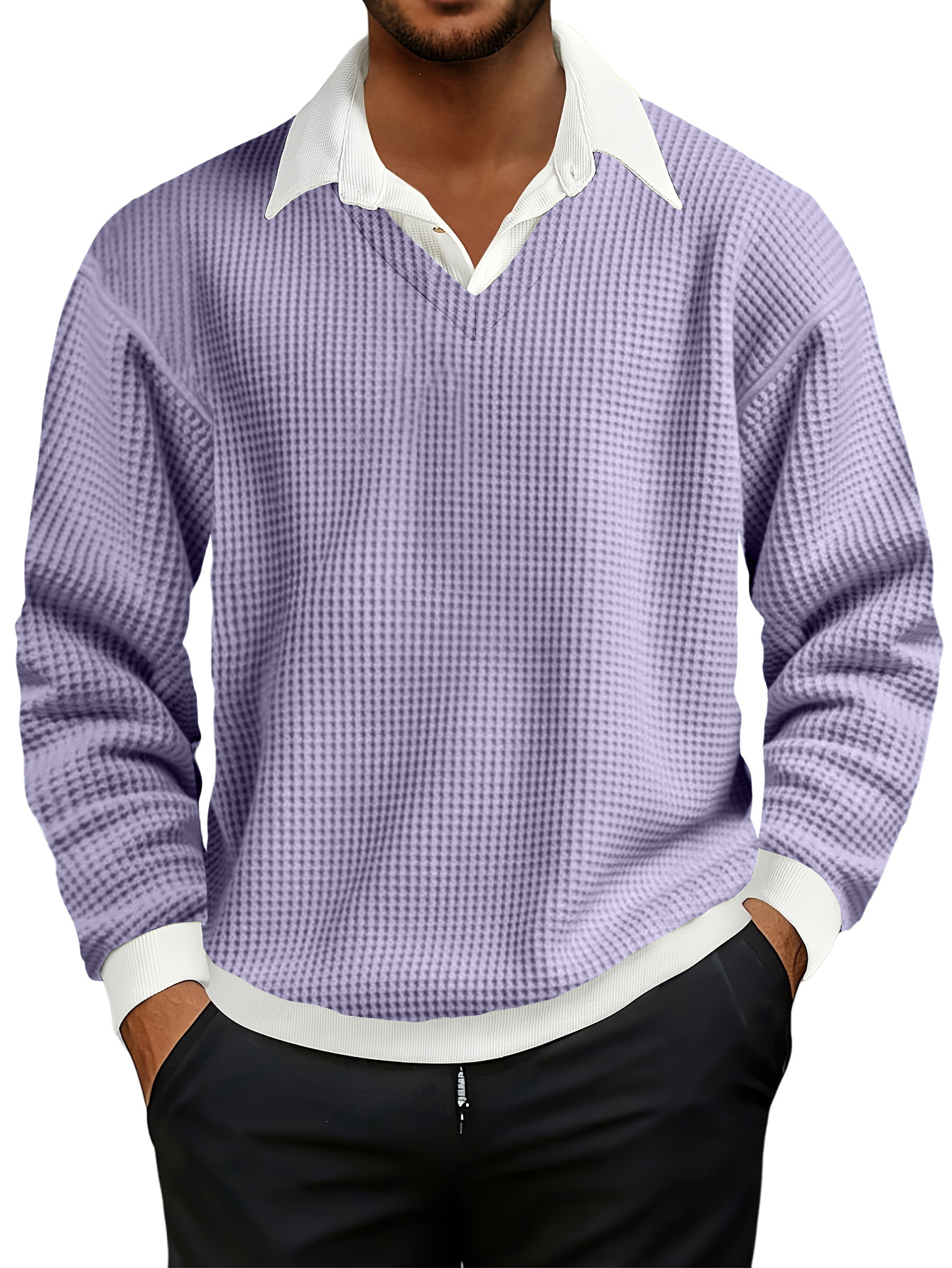 Men's Fashionable Casual Waffle Faux Two-piece Polo Sweatshirt