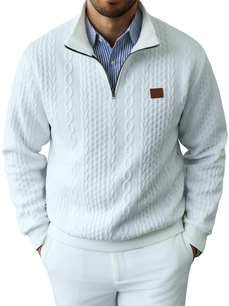 Men's Casual Solid Color Cable Knit Textured Quarter Zipper Stand Collar Sweatshirt