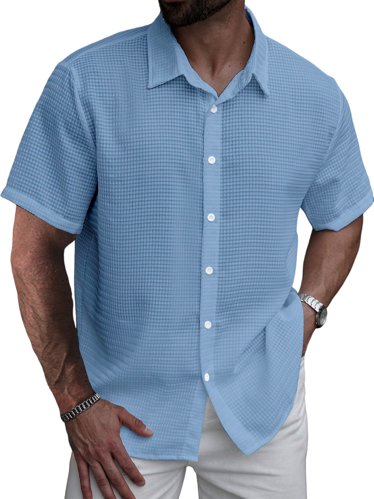 Men's Stylish Casual Waffle Fabric Short-sleeved Shirt