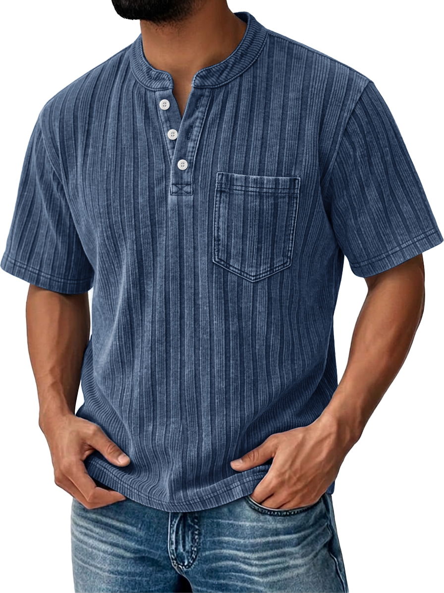 Men's Textured Striped Short-Sleeve Henley – Breathable & Comfortable