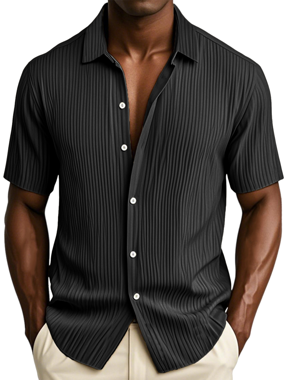 Men's Textured Vertical Striped Ice Silk Ripped Casual Button-down Short-sleeved Shirt