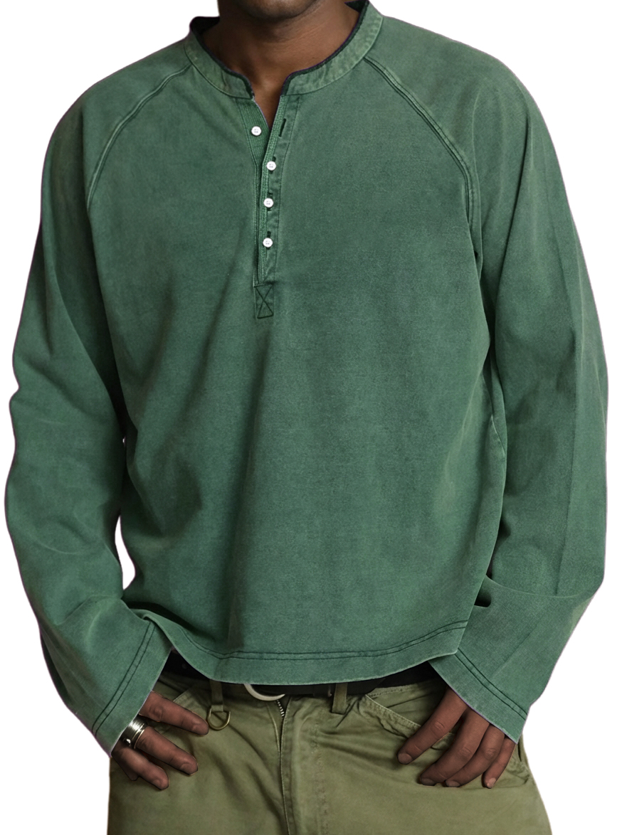 Men's Vintage Washed Cotton Henley Long-Sleeve T-Shirt
