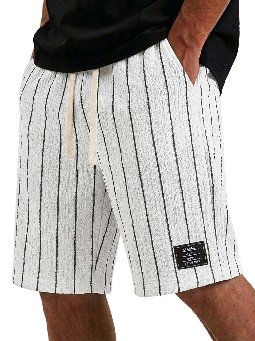 Men's Casual Textured Embroidered Logo Loose Comfort Striped Shorts