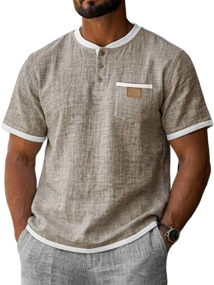 Men's Casual Breathable Linen Embroidered Logo Short-sleeved Henley Shirt