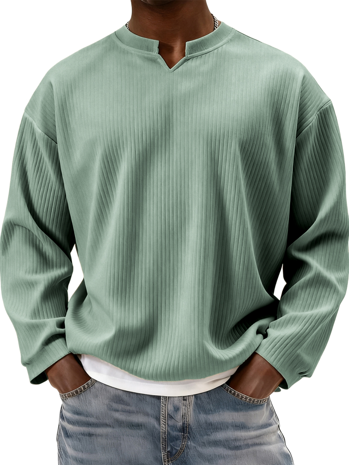 Stylish V-notch Neck Ribbed Textured Long-sleeved T-shirt