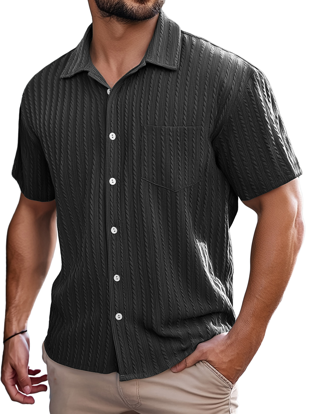 Men's Retro Casual Striped Jacquard Pocket Short-sleeved Shirt