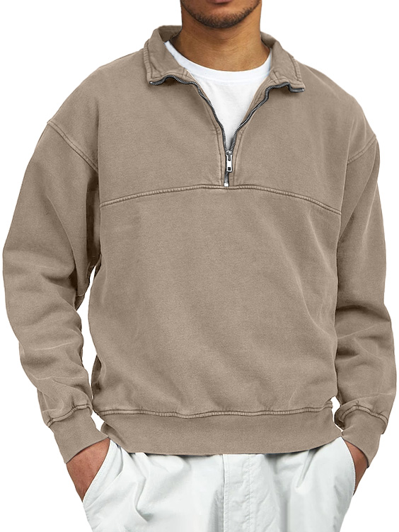 Men's Retro Distressed Quarter Zipper Stand Collar Long-Sleeve Sweatshirt