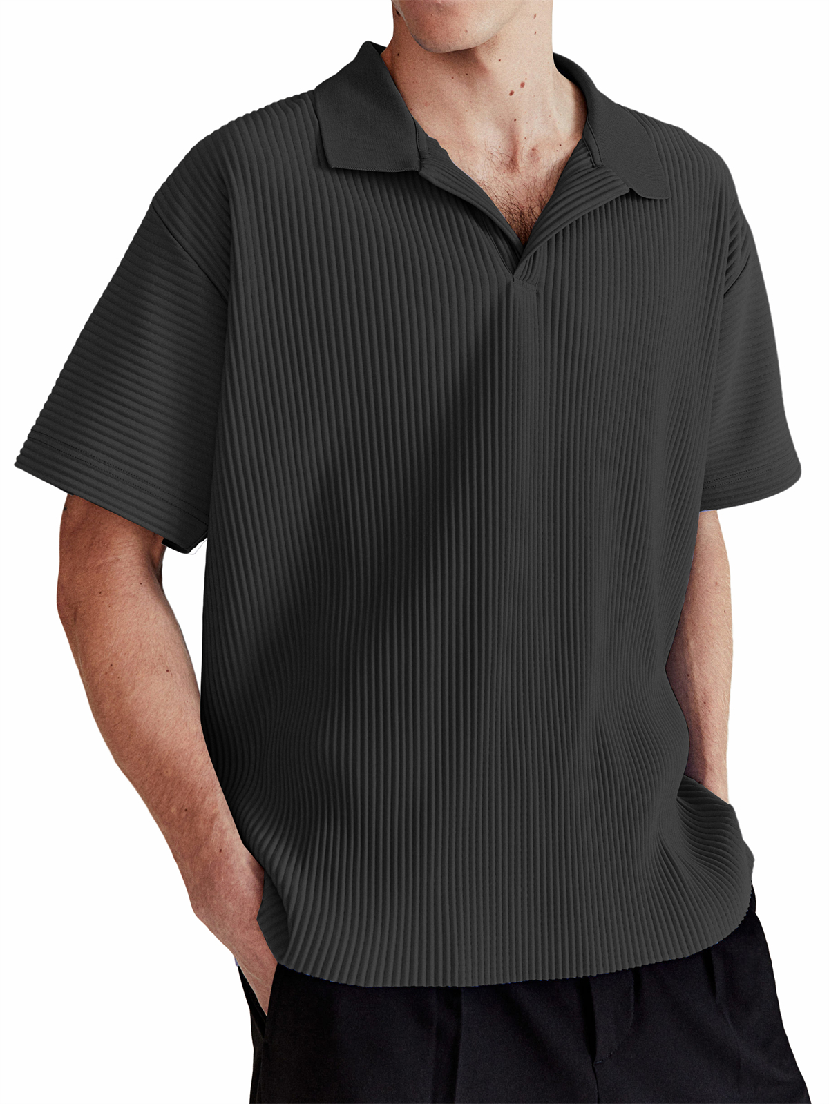 Men's Daily Casual Comfortable Vertical Striped Solid Color V-neck Short-sleeved Polo Shirt