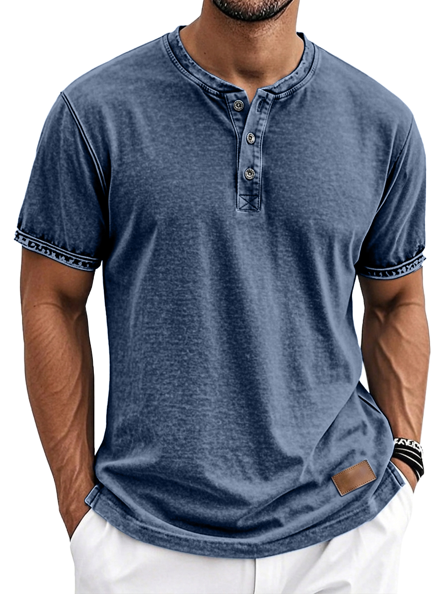 Men's Vintage Washed Retro Casual Short Sleeve Henley Shirt with Leather Logo Patch