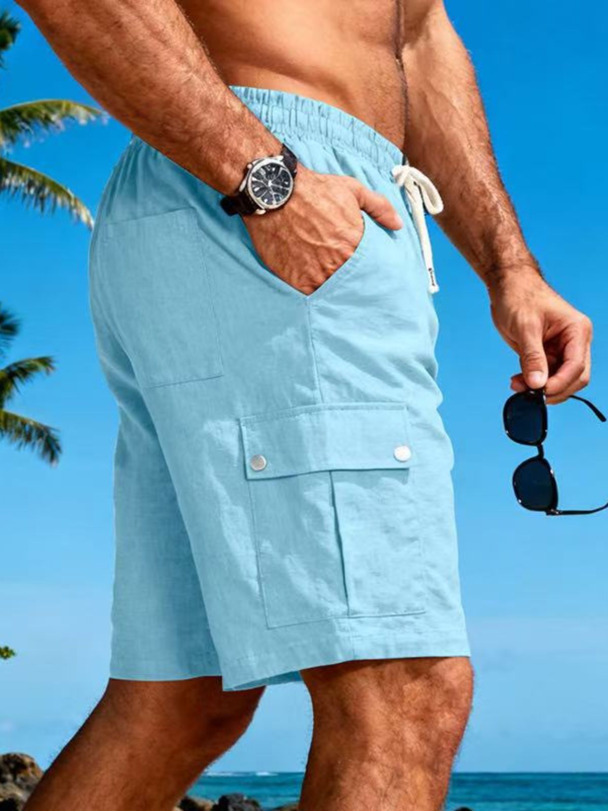 Men's Beachwear-Style Breathable Linen Loose-Fitting Workwear Shorts with Multiple Pockets